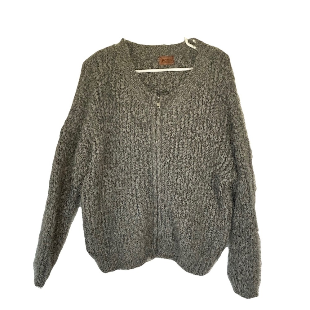 POL Gray Shaggy Eyelash Knit Cardigan Womens Full Zip Sz Small Boho Shabby Chic